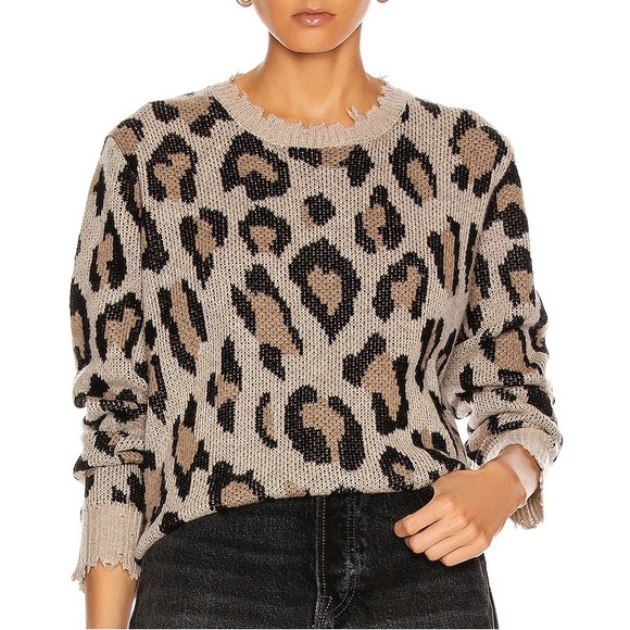 R13 Leopard Cashmere Distressed Crewneck Sweater Size Small Brown Combo